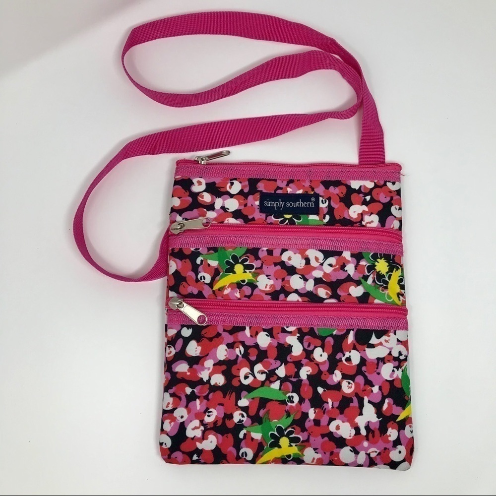 SImply Southern Bright Barbie Hot Pink Floral Triple Zip Crossbody Bag Purse